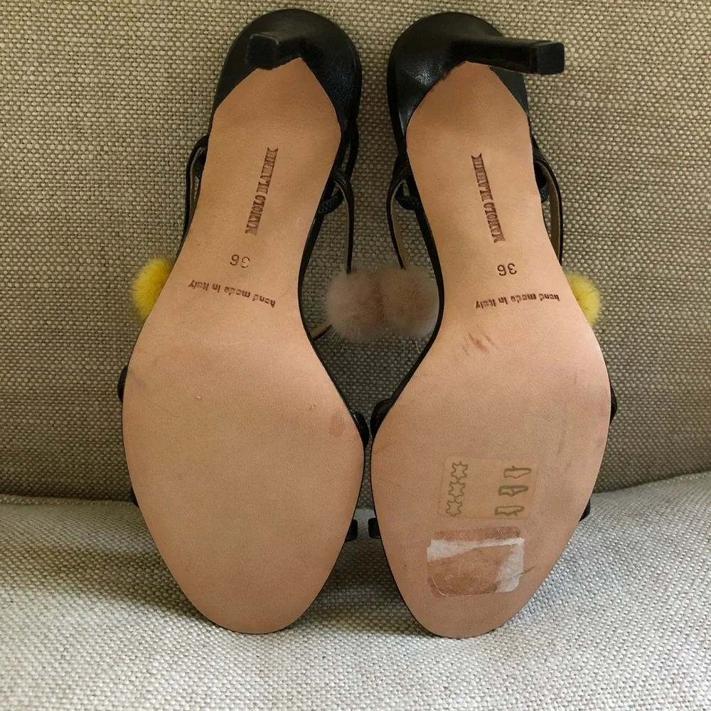 Manolo Blahnik Black Leather Slingback Heels with Multicolor Pom Poms